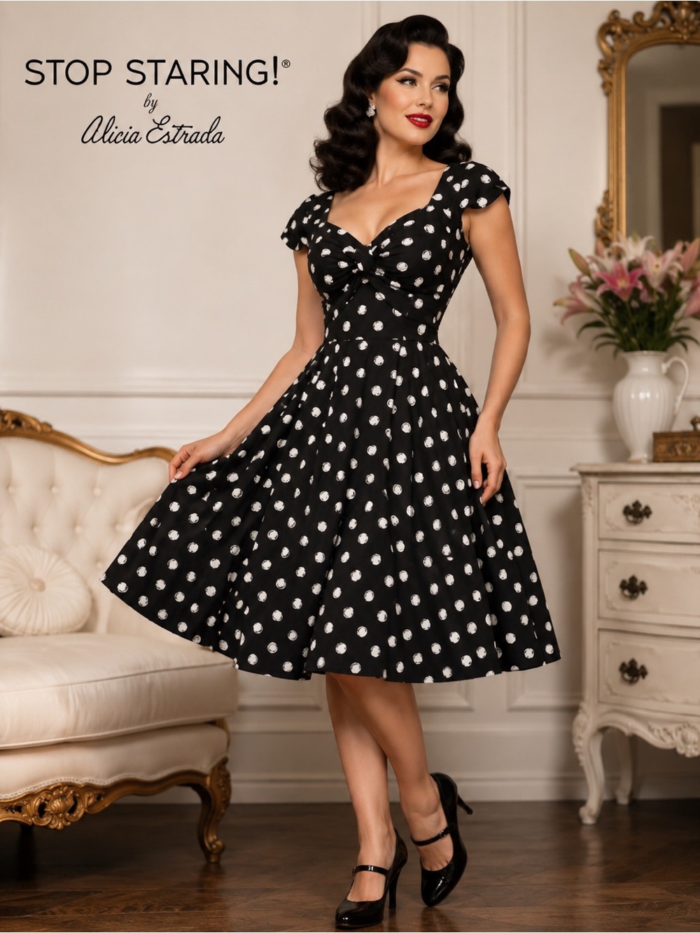 Stop Staring Jitterbug Dress L Black White Polka Dot Swing Rockabilly Pin Up C7